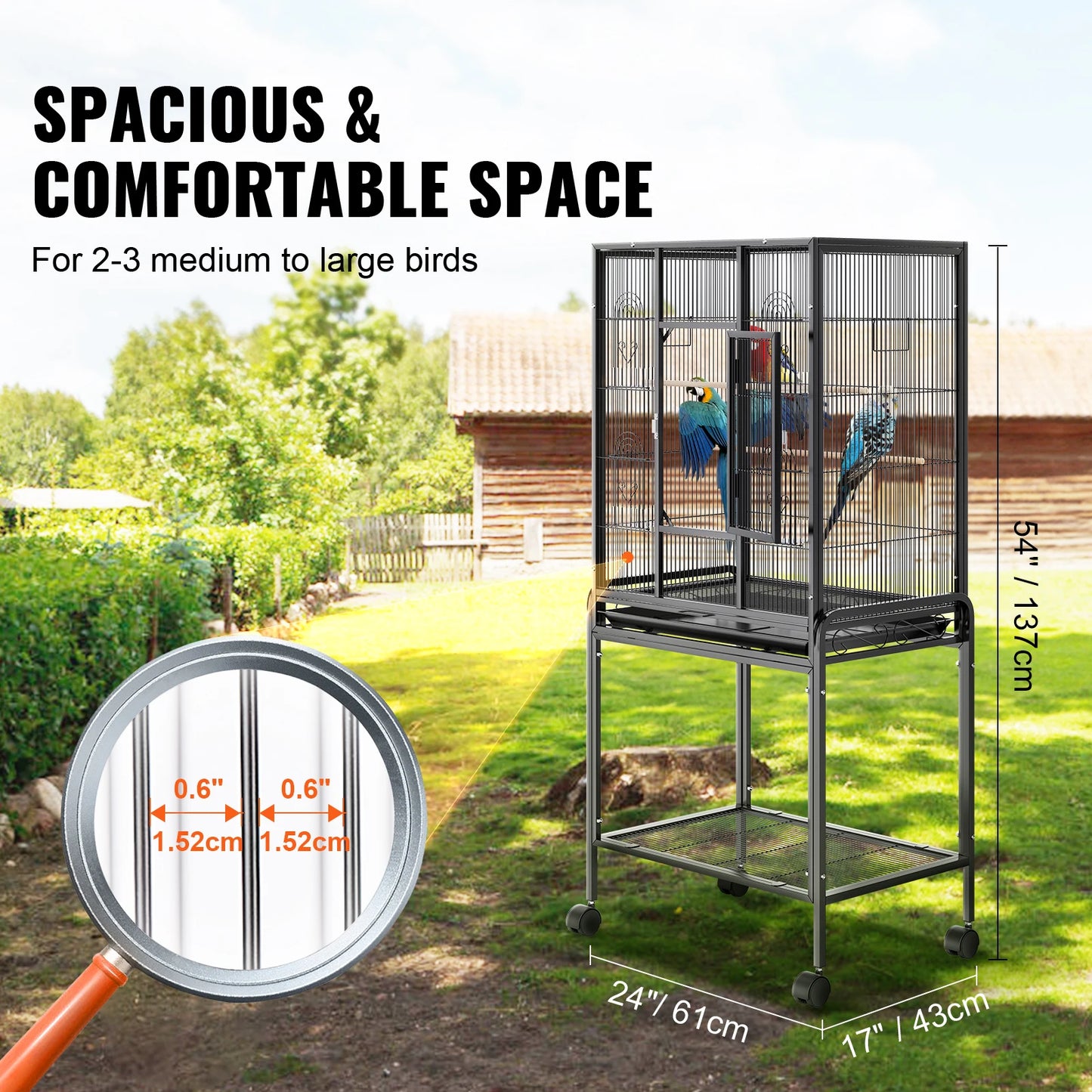 52/54 Inch Standing Large Flight Bird Cage Carbon Steel Parakeets Cages with Rolling Stand and Tray for Cockatiels Parrots