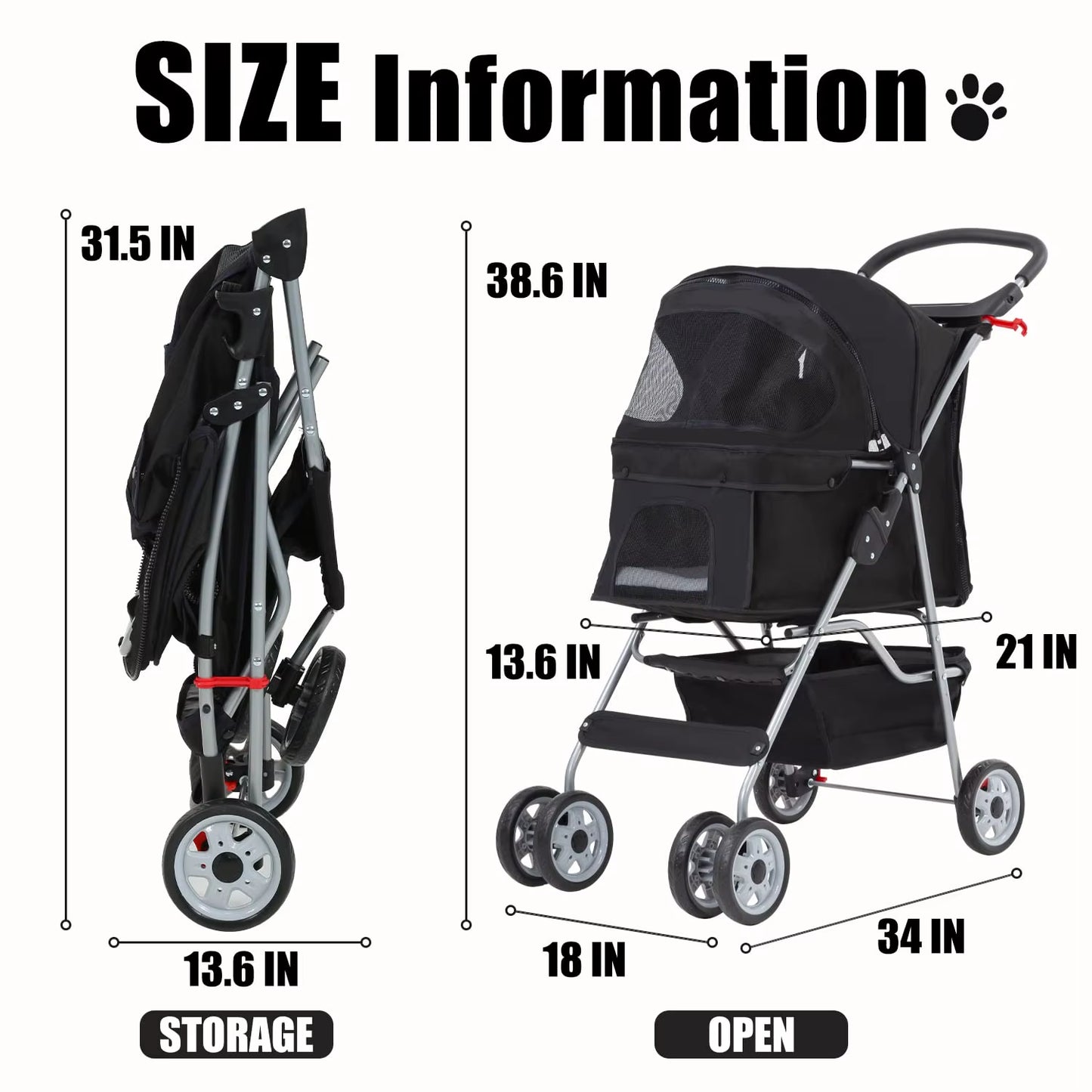 Pet Stroller 4 Wheels Dog Cat Stroller for Small Medium Dogs Cats Foldable Puppy Stroller with Storage Basket and Cup Holder