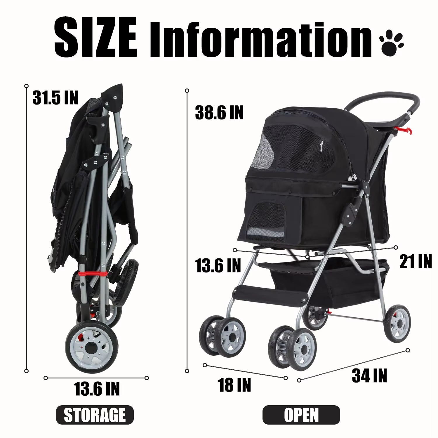 Pet Stroller 4 Wheels Dog Cat Stroller for Small Medium Dogs Cats Foldable Puppy Stroller with Storage Basket and Cup Holder