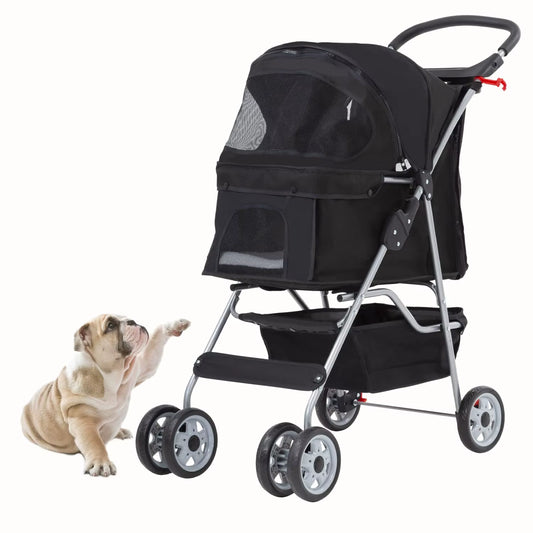 Pet Stroller 4 Wheels Dog Cat Stroller for Small Medium Dogs Cats Foldable Puppy Stroller with Storage Basket and Cup Holder