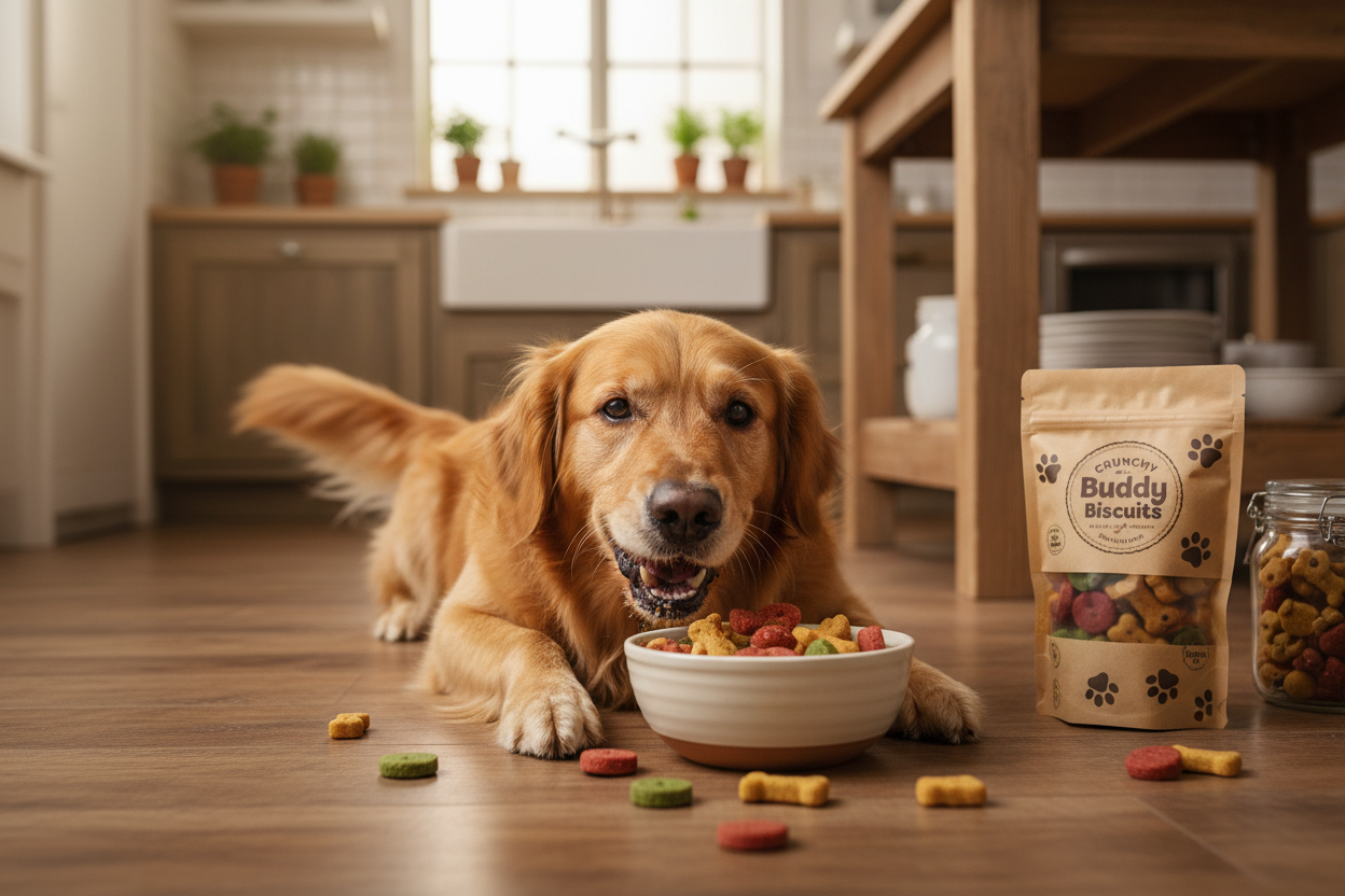 Dog eating buddy biscuits treats