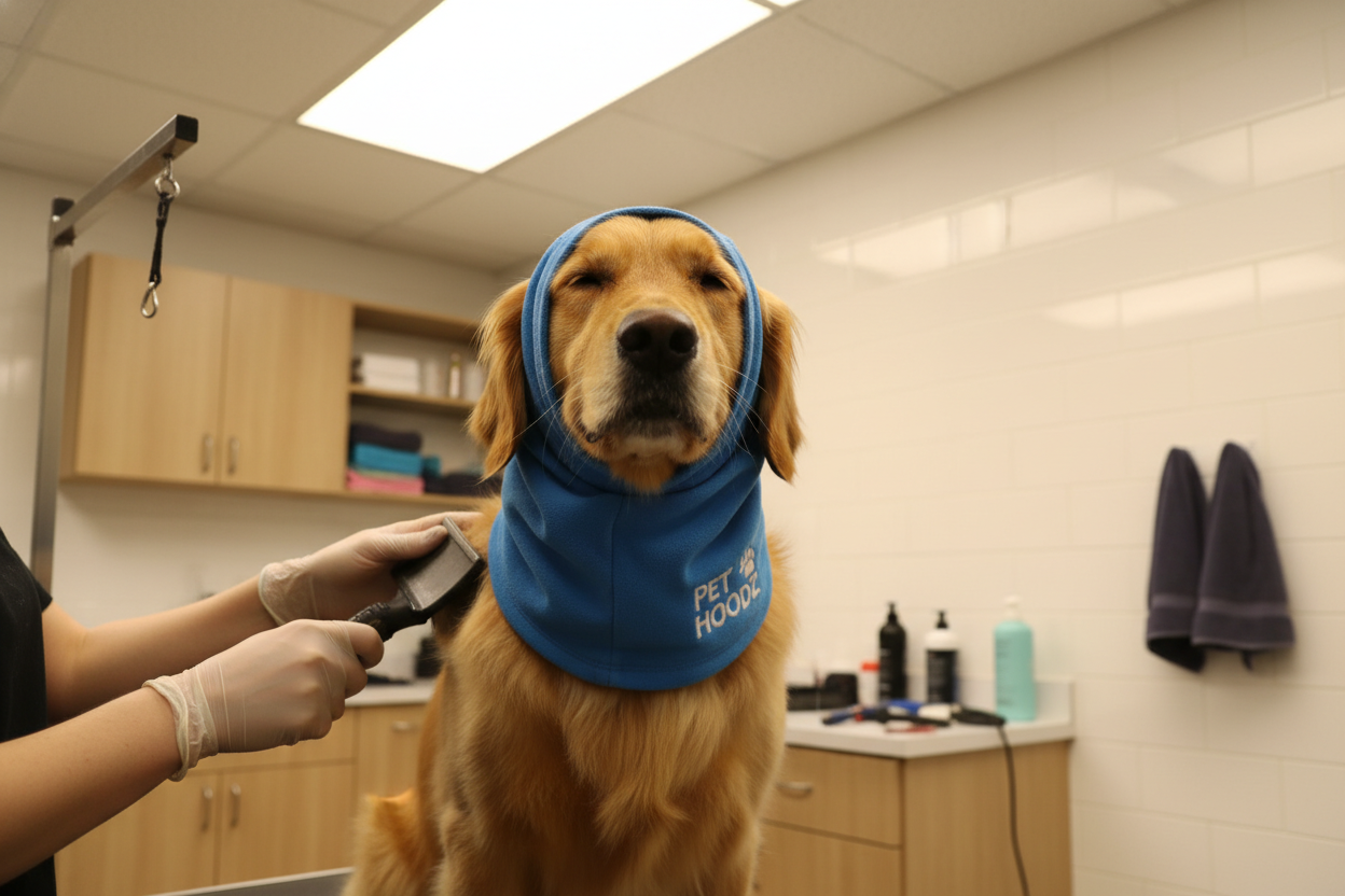 Dog wearing Pet Hoodz ear protection