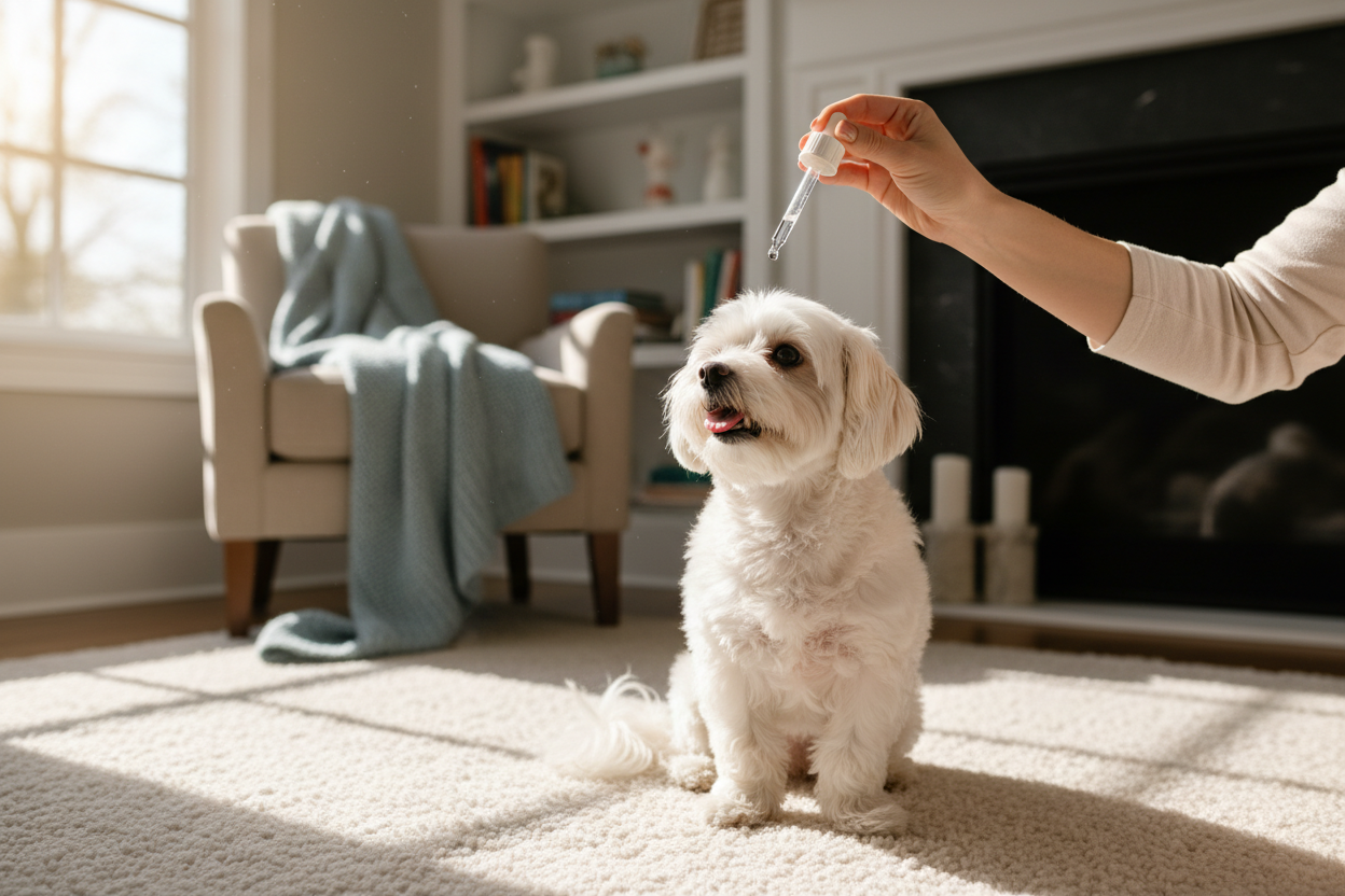 Giving dog calming liquid drops