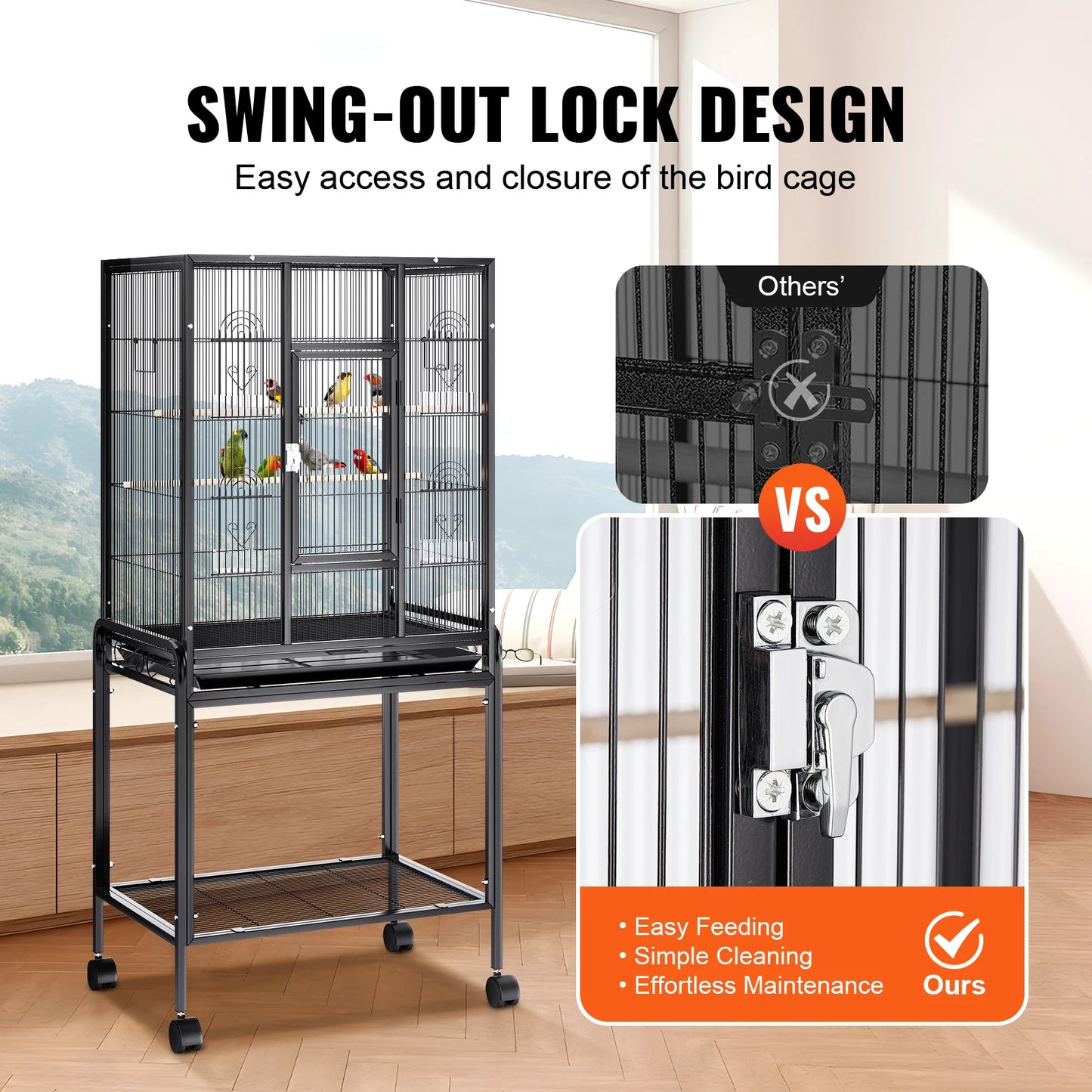 52/54 Inch Standing Large Flight Bird Cage Carbon Steel Parakeets Cages with Rolling Stand and Tray for Cockatiels Parrots