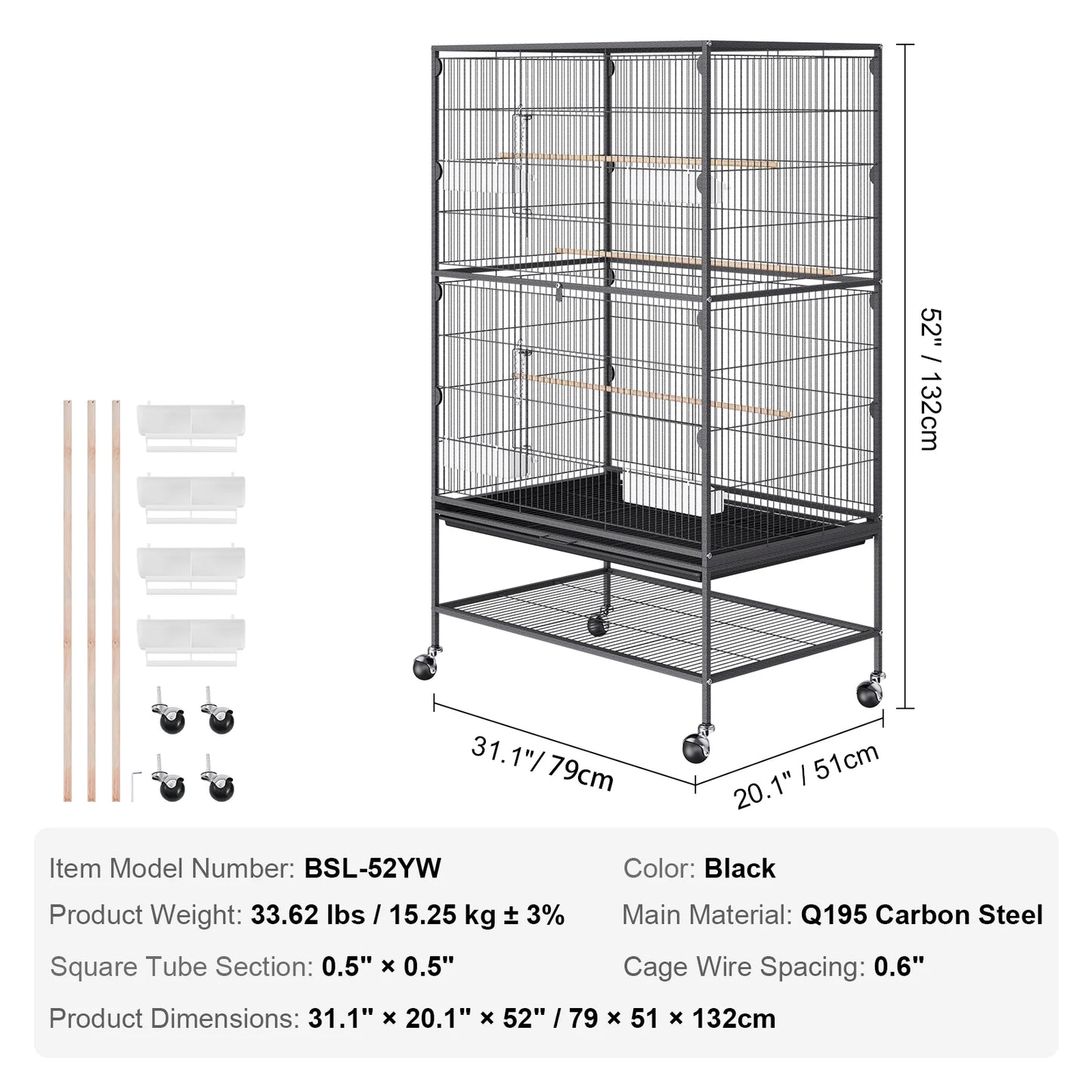 52/54 Inch Standing Large Flight Bird Cage Carbon Steel Parakeets Cages with Rolling Stand and Tray for Cockatiels Parrots