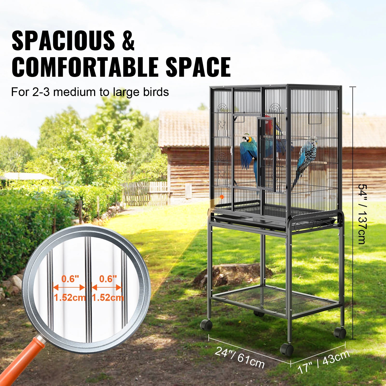 52/54 Inch Standing Large Flight Bird Cage Carbon Steel Parakeets Cages with Rolling Stand and Tray for Cockatiels Parrots