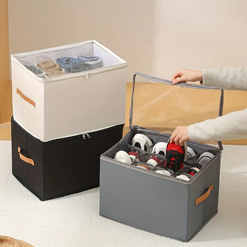 Space-Saving Foldable Oxford Storage Box with Clear Lid, Stackable Shoe Organizer Box Multi-Purpose Solution for Shoes, Clothes
