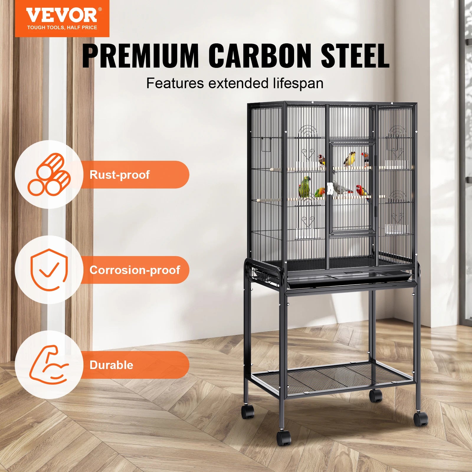 52/54 Inch Standing Large Flight Bird Cage Carbon Steel Parakeets Cages with Rolling Stand and Tray for Cockatiels Parrots