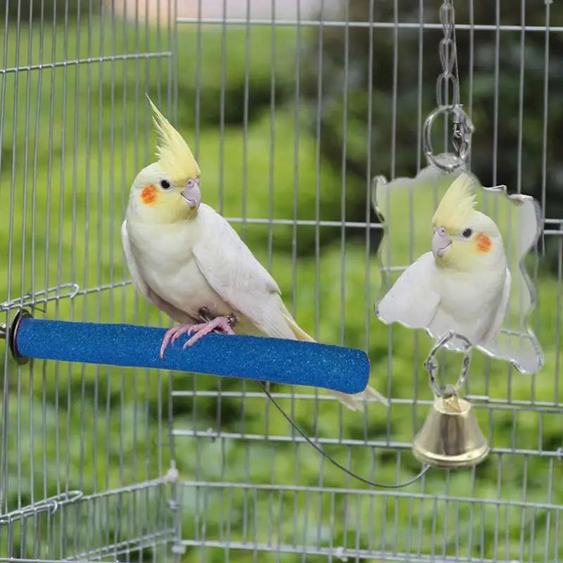 Bird Mirror with Bell Durable Interactive Puzzle Parrot Toy Bird Cage Mirror Safe and Durable Bird Cage Stand Decoration Pet
