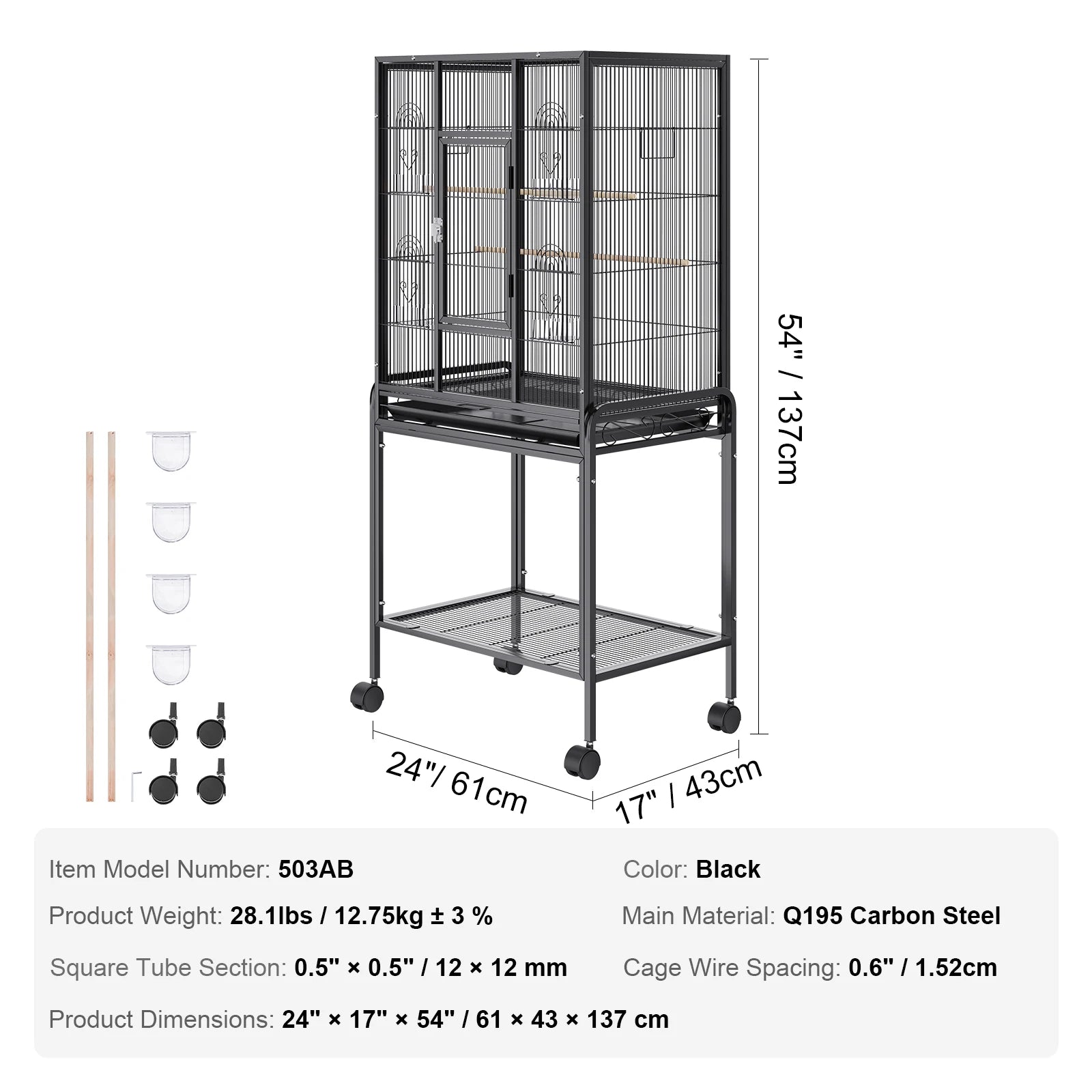 52/54 Inch Standing Large Flight Bird Cage Carbon Steel Parakeets Cages with Rolling Stand and Tray for Cockatiels Parrots