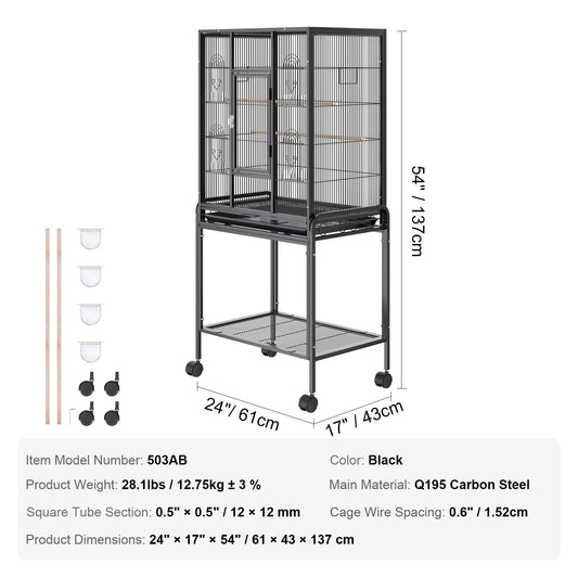 52/54 Inch Standing Large Flight Bird Cage Carbon Steel Parakeets Cages with Rolling Stand and Tray for Cockatiels Parrots