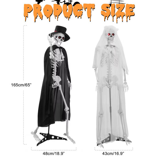 1 Pair 5.42Ft Halloween Bride and Groom Skeletons,Life Size Full Body Bones Posable Simulated Skeleton with Sound, Eyes Can Glow
