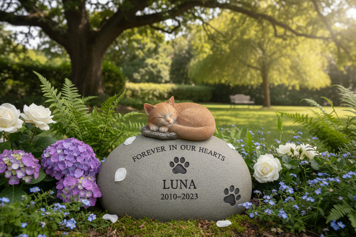Cat memorial stone in garden