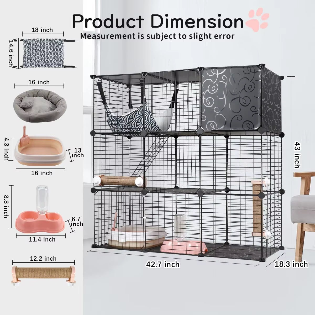 3Tier Rabbit Cage Indoor Bunny Hutch Cat Cage with Pull Out Tray Corner Design Easy Cleaning Stable and Durable Loft Design