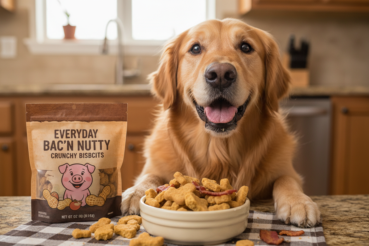 Dog eating Everyday Bac'N Nutty biscuits