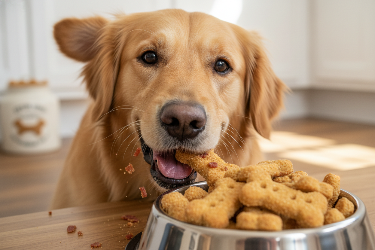 Dog enjoying bacon biscuit treats