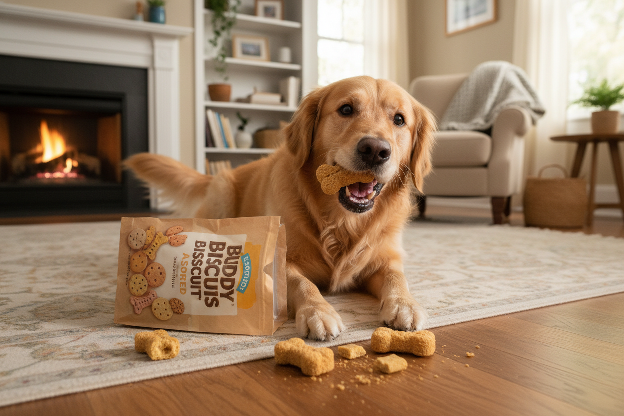 Dog enjoying Buddy Biscuits assorted treats