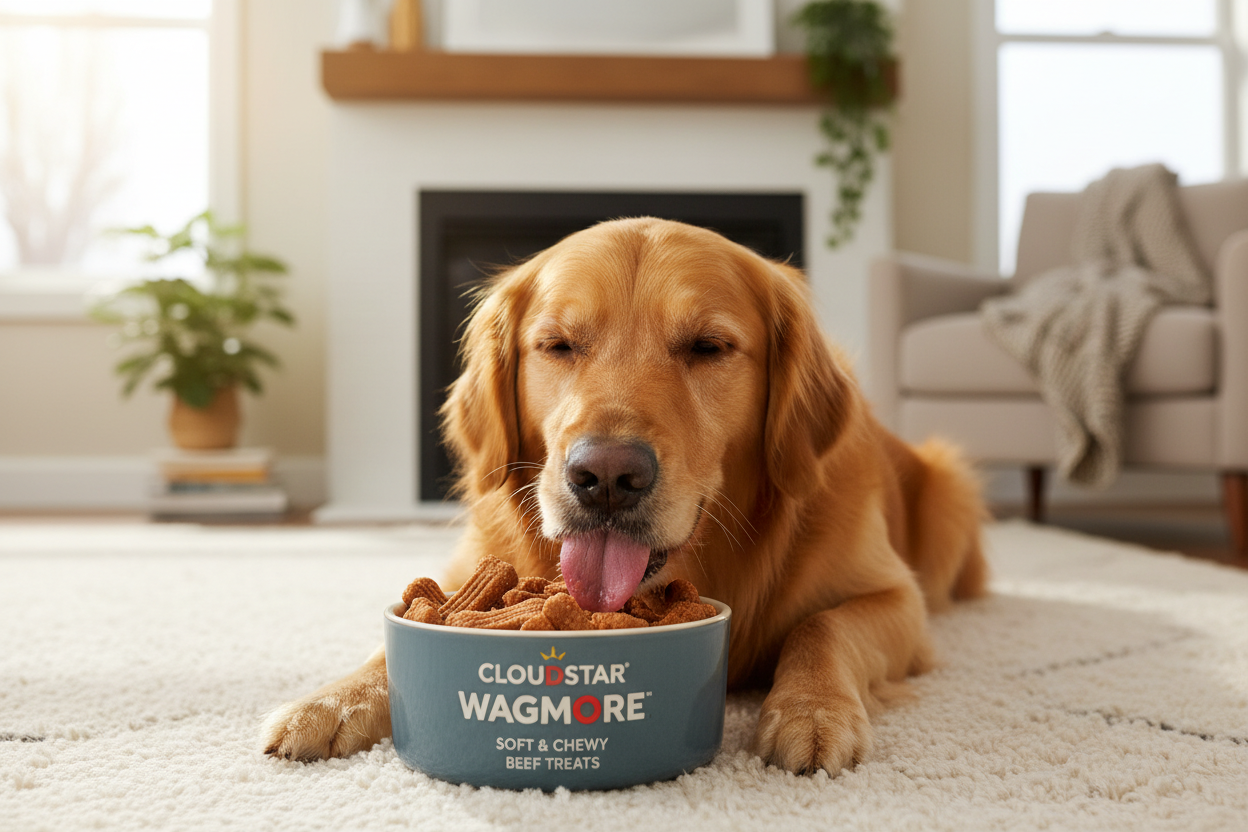 Dog enjoying soft and chewy beef treats