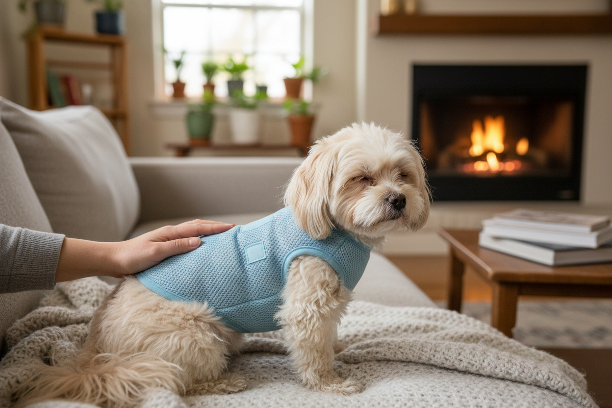Dog wearing calming anxiety vest