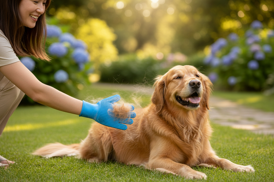 Person grooming dog with gentle glove