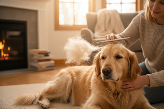 Person grooming dog with professional pet comb