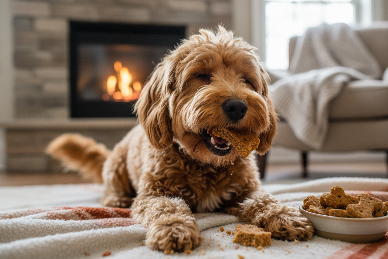 Small dog eating bacon nutty biscuit treats