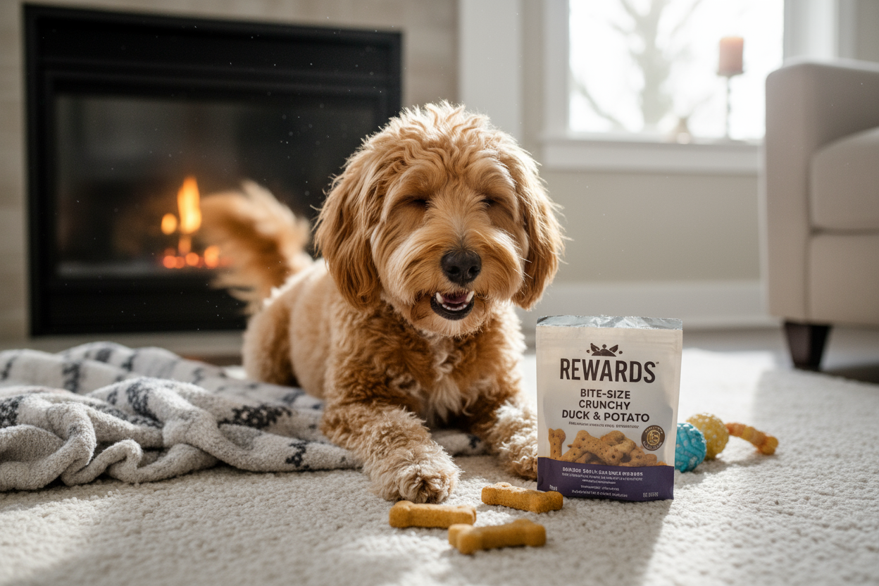 Small dog eating Rewards duck and potato biscuits